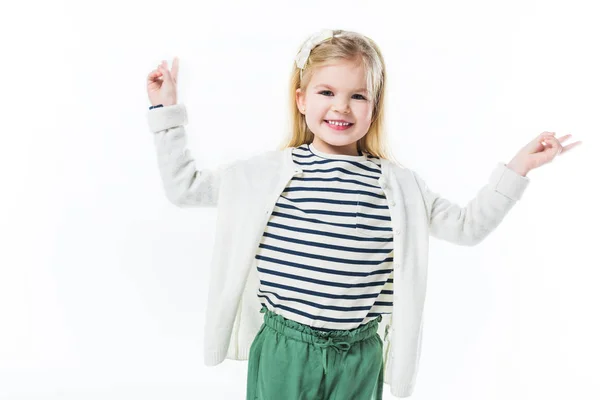 Niño feliz mostrando gestos de paz aislados en blanco - foto de stock