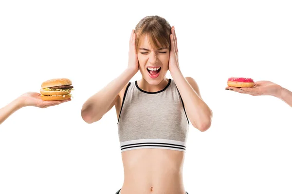 Gritando mulher magro se recusando de junk food isolado em branco — Fotografia de Stock