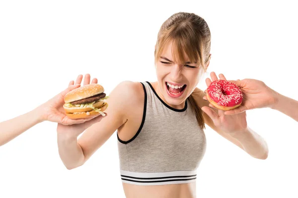 Junge schlanke Frau weigert sich Junk Food isoliert auf weiß — Stockfoto