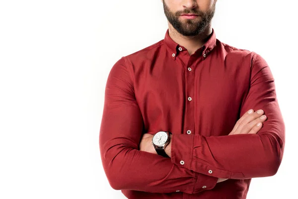 Partial view of man with arms crossed isolated on white — Stock Photo