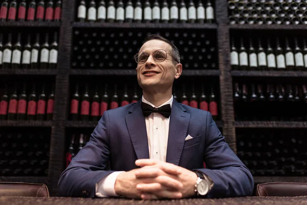 Homem bonito em terno elegante sentado na frente do armazenamento de vinho — Fotografia de Stock