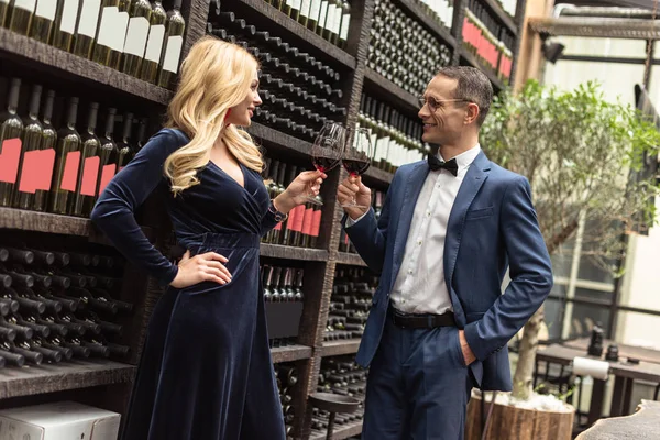 Schönes erwachsenes Paar trinkt Wein vor Weinlagerregalen — Stockfoto
