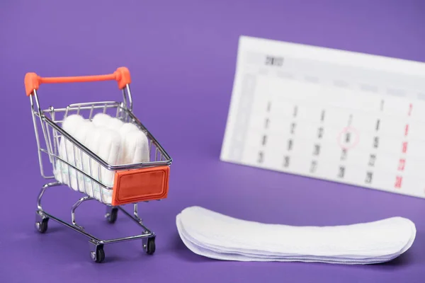 Tampões em carrinho de compras pequeno, forros diários e calendário em roxo — Fotografia de Stock