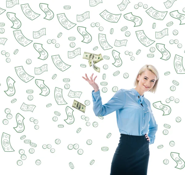 Весела елегантна бізнес-леді кидає доларові банкноти ізольовані на білому — стокове фото