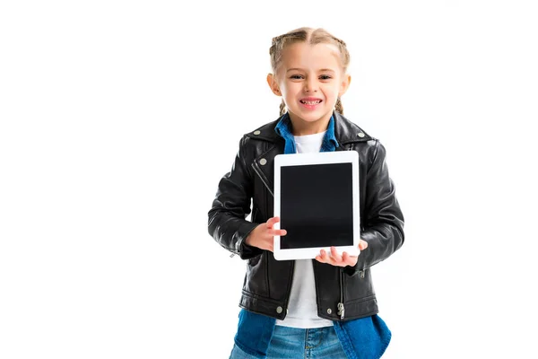 Excited little child with pigtails holding digital device on hands isolated on white — Stock Photo