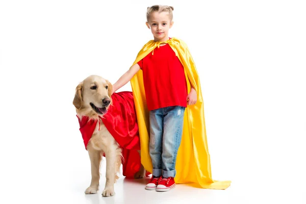 Dog in red cape with supergirl in yellow cape standing beside isolated on white — Stock Photo