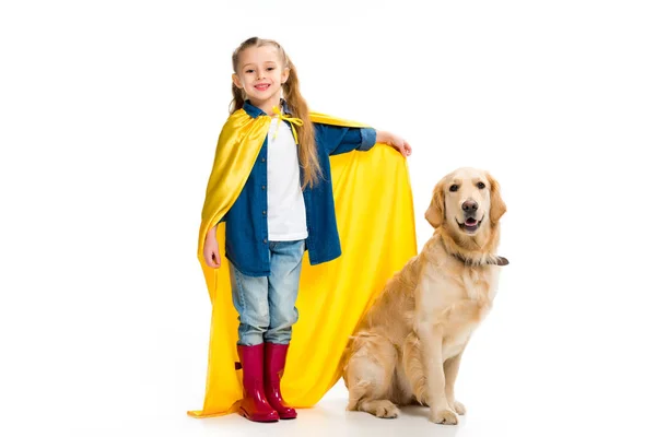 Супердівчина в жовтому мисі, що стоїть з золотим ретривером поруч ізольовано на білому — стокове фото