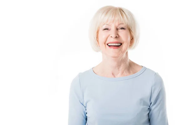 Portrait of smiling senior woman isolated on white — Stock Photo