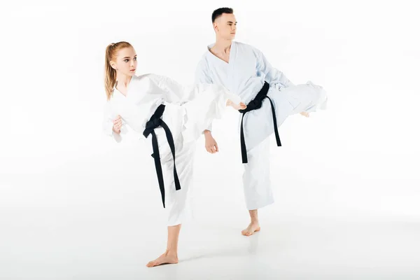 Combatientes de karate entrenando juntos aislados en blanco - foto de stock