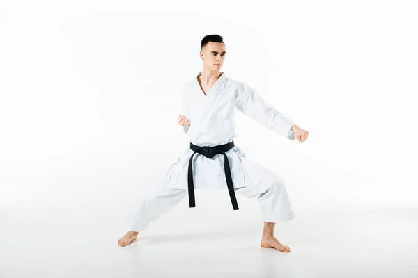 Entrenamiento de combate de karate masculino aislado en blanco - foto de stock