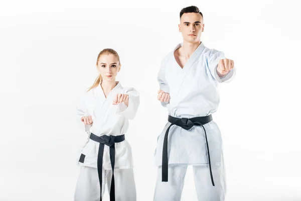 Combatientes de karate de pie en pose aislado en blanco - foto de stock