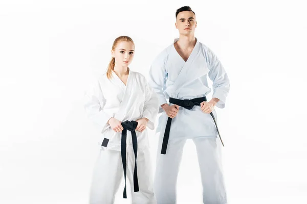 Cazas de karate sosteniendo cinturones negros y mirando a la cámara aislada en blanco - foto de stock