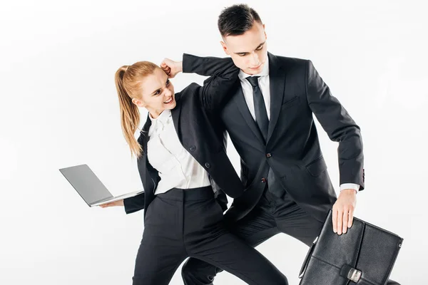 Businesspeople in suits fighting isolated on white — Stock Photo