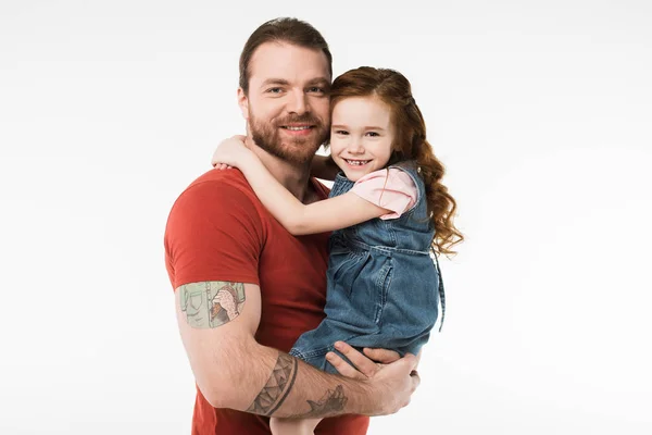 Niño sentado en las manos del padre aislado en blanco — Stock Photo