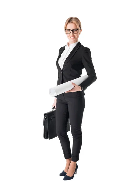 Blonde businesswoman holding clipboard and blueprint isolated on white — Stock Photo