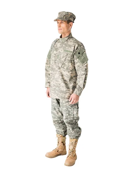 Красивий військовий солдат у формі ізольований на білому — стокове фото