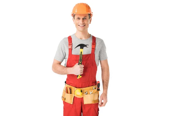 Fröhlicher Bauarbeiter mit Hammer auf weißem Grund — Stock Photo