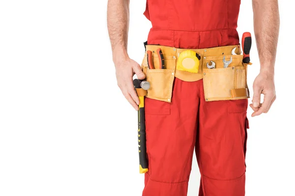Vue rapprochée du constructeur avec des outils en ceinture isolés sur blanc — Photo de stock