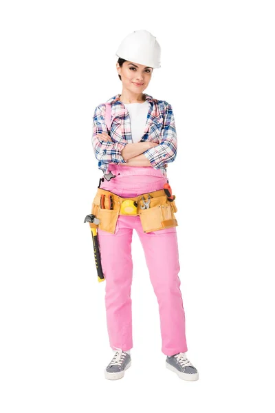 Profissional construtor feminino em macacão e hardhat isolado em branco — Fotografia de Stock