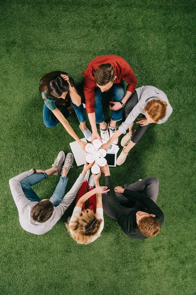 Overhead view of business colleagues clinking cups with coffee while sitting on grass — Stock Photo