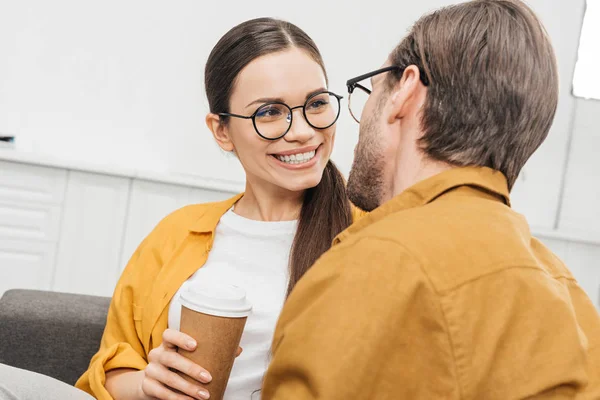Close-up shot of couple flirting and drinking coffee — Stock Photo