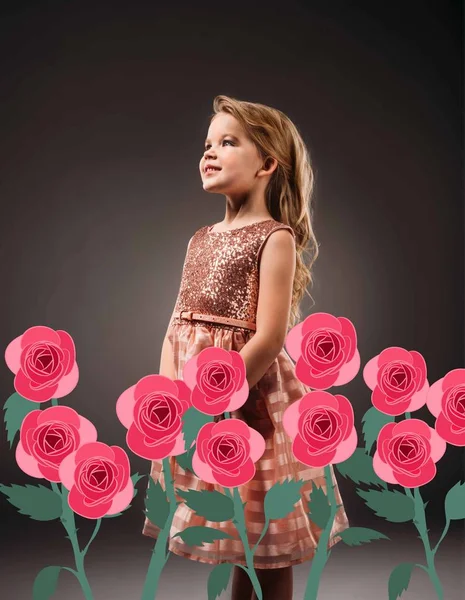 Adorable princess in pink dress, isolated on grey with pink rose flowers illustration — Stock Photo