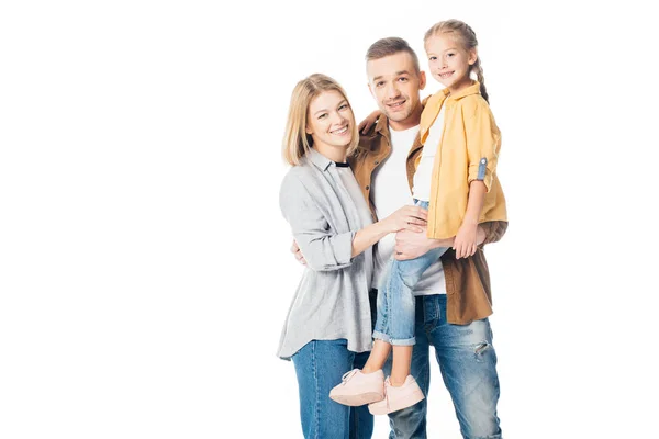 Smiling man holding cute daughter with wife standing near by isolated on white — Stock Photo