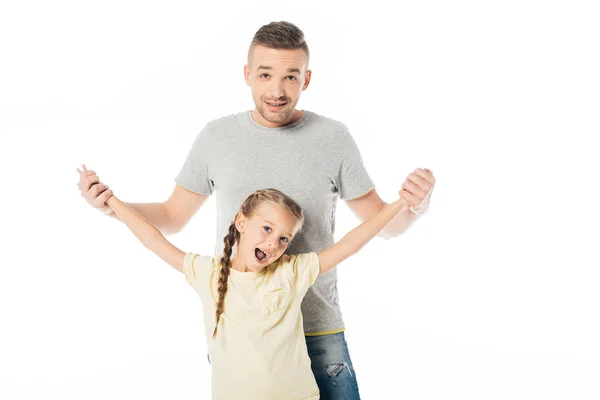 Portrait of father and emotional daughter holding hands isolated on white — Stock Photo