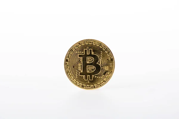 Close-up view of single shiny bitcoin isolated on white — Stock Photo