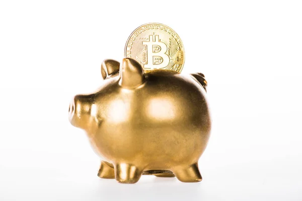 Vista close-up do banco porquinho dourado e bitcoin isolado no branco — Fotografia de Stock