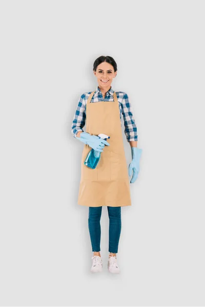 Top view of female cleaner in protective gloves with spray bottle isolated on white background — Stock Photo