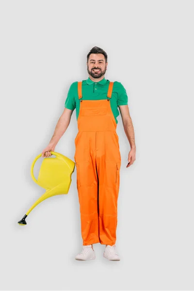 Top view of male gardener with watering can isolated on white background — Stock Photo