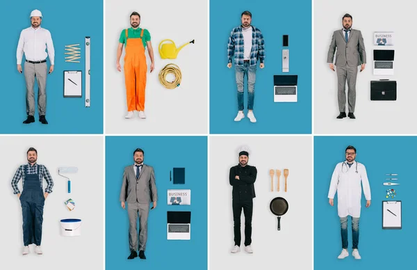 Conjunto de diferentes profesiones: constructor, jardinero, trabajador remoto, chef, médico varón, reparador y dos hombres de negocios con equipo profesional - foto de stock