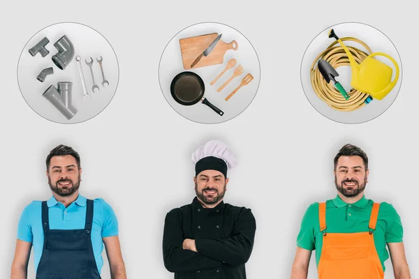 Plumber, chef and gardener with professional equipment, occupations concept — Stock Photo