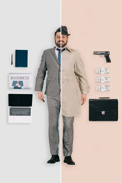 Young man in two occupations of killer and businessman on different backgrounds — Stock Photo