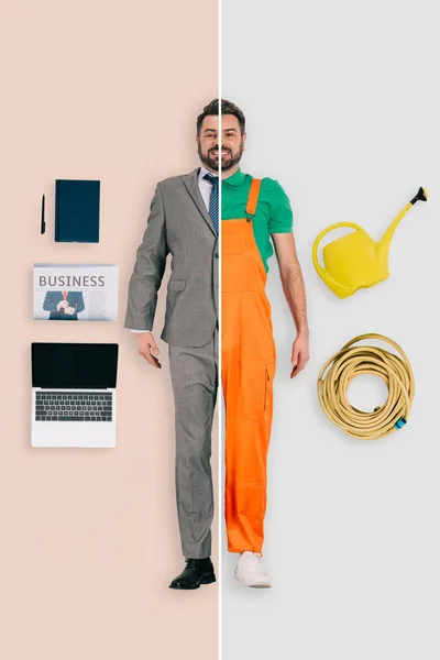 Joven en dos ocupaciones de jardinero y hombre de negocios en diferentes orígenes - foto de stock