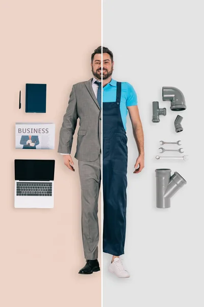 Young man in two occupations of plumber and businessman on different backgrounds — Stock Photo