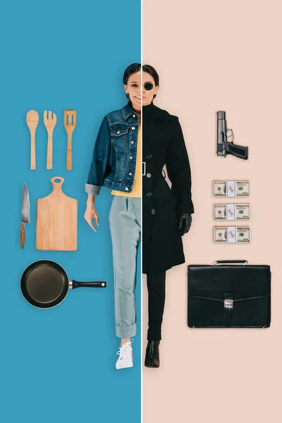 Junge Frau in zwei Berufen als Hausfrau und Mörderin mit unterschiedlichem Hintergrund — Stockfoto