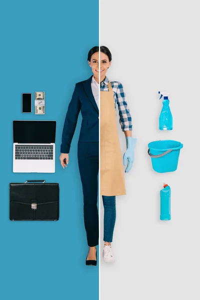 Young woman in two occupations of cleaner and businesswoman on different backgrounds — Stock Photo