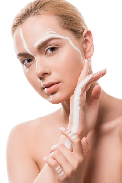 Sensual mulher atraente com linhas brancas no rosto isolado no branco — Fotografia de Stock