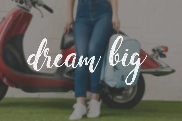 Cropped Shot Woman Backpack Leaning Back Vintage Scooter Dream Big — Stock Photo, Image