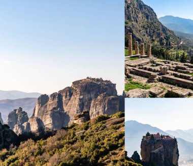 collage of orthodox monasteries on rock formations against blue sky in greece clipart