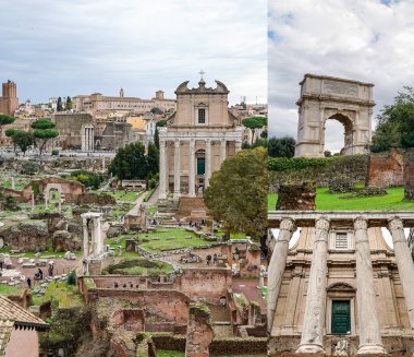 Roma 'daki antik binaların yakınında titus kemeri kolajı 