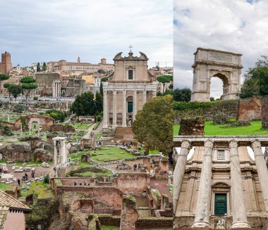 collage of arch of titus near ancient buildings in rome  clipart
