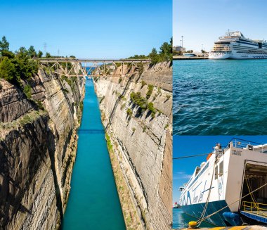 PIRAEUS, GREECE - APRIL 10, 2020: collage of bridge near rocks, cruise ship with aidabella lettering near ferry in aegean sea  clipart