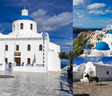 SANTORINI, GREECE - 10 Nisan 2020: Panagia Platsani Kilisesi 'nin kolajı Santorini' de beyaz evler ve atlar yakınında çanlar 