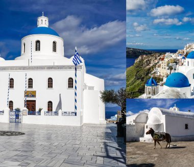 SANTORINI, GREECE - APRIL 10, 2020: collage of Panagia Platsani Church with bells near white houses and horse in Santorini  clipart