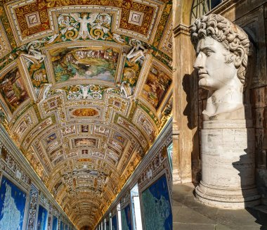 Vatikan müzesindeki harita galerisindeki duvarlarda ve tavanda bulunan tabloların yakınındaki Sezar Augustus baş heykeli