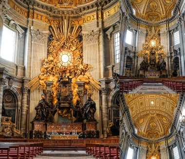 VATICAN CITY, ITALY - APRIL 10, 2020: collage of ancient st peters basilica with paintings of michelangelo clipart