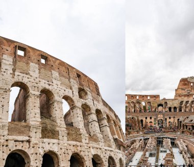 ROME, ITALY - APRIL 10, 2020: collage of historical walls of colosseum against cloudy sky  clipart